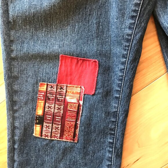 Upcycled Coldwater Creek Cropped Jeans, Coffee Books Theme Capris, Size 10 - Picture 7 of 10